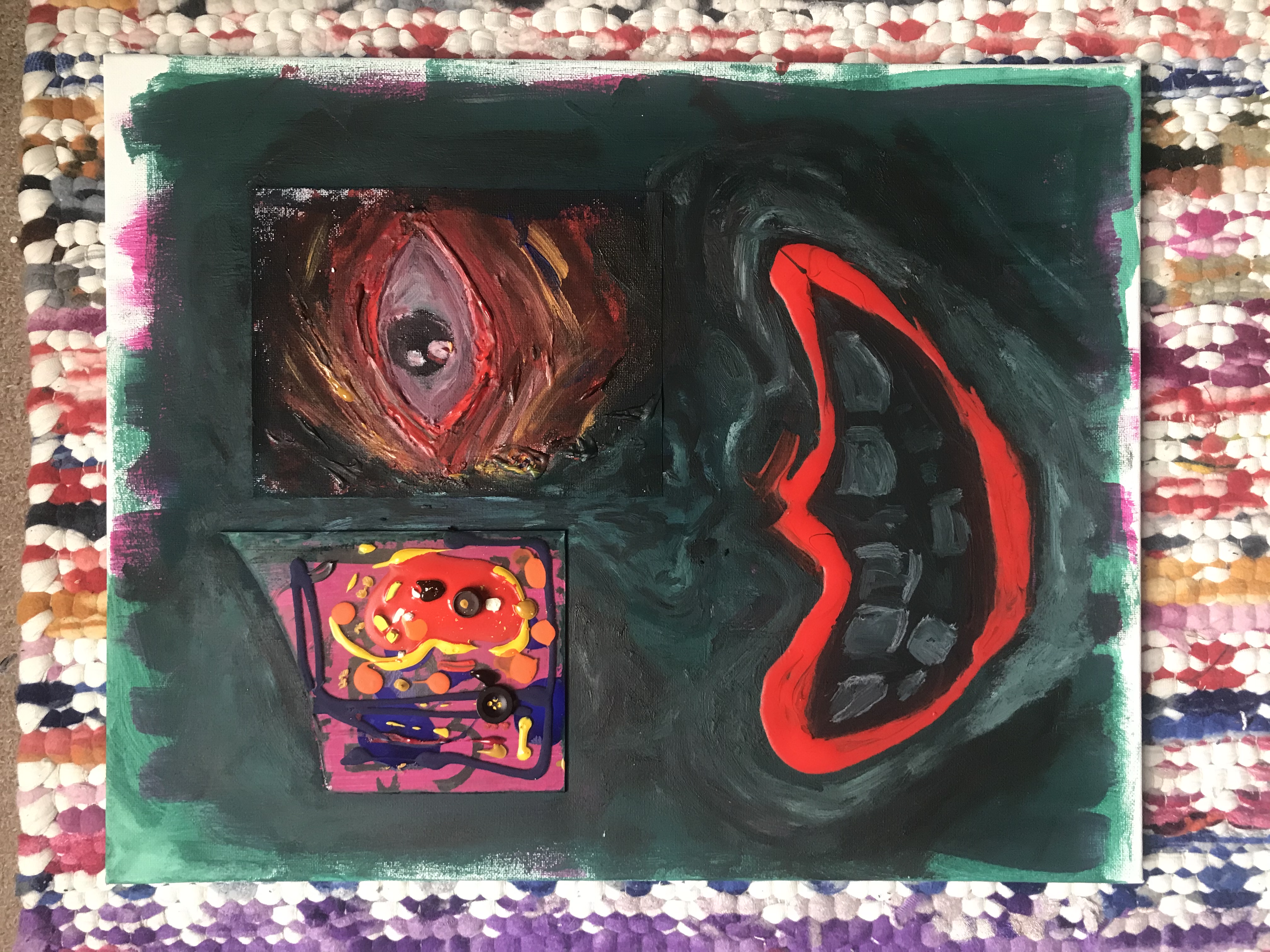 A mix of broken glass, oddments, linen paper, acrylic paint and watercolour on 14x20 inch canvas.