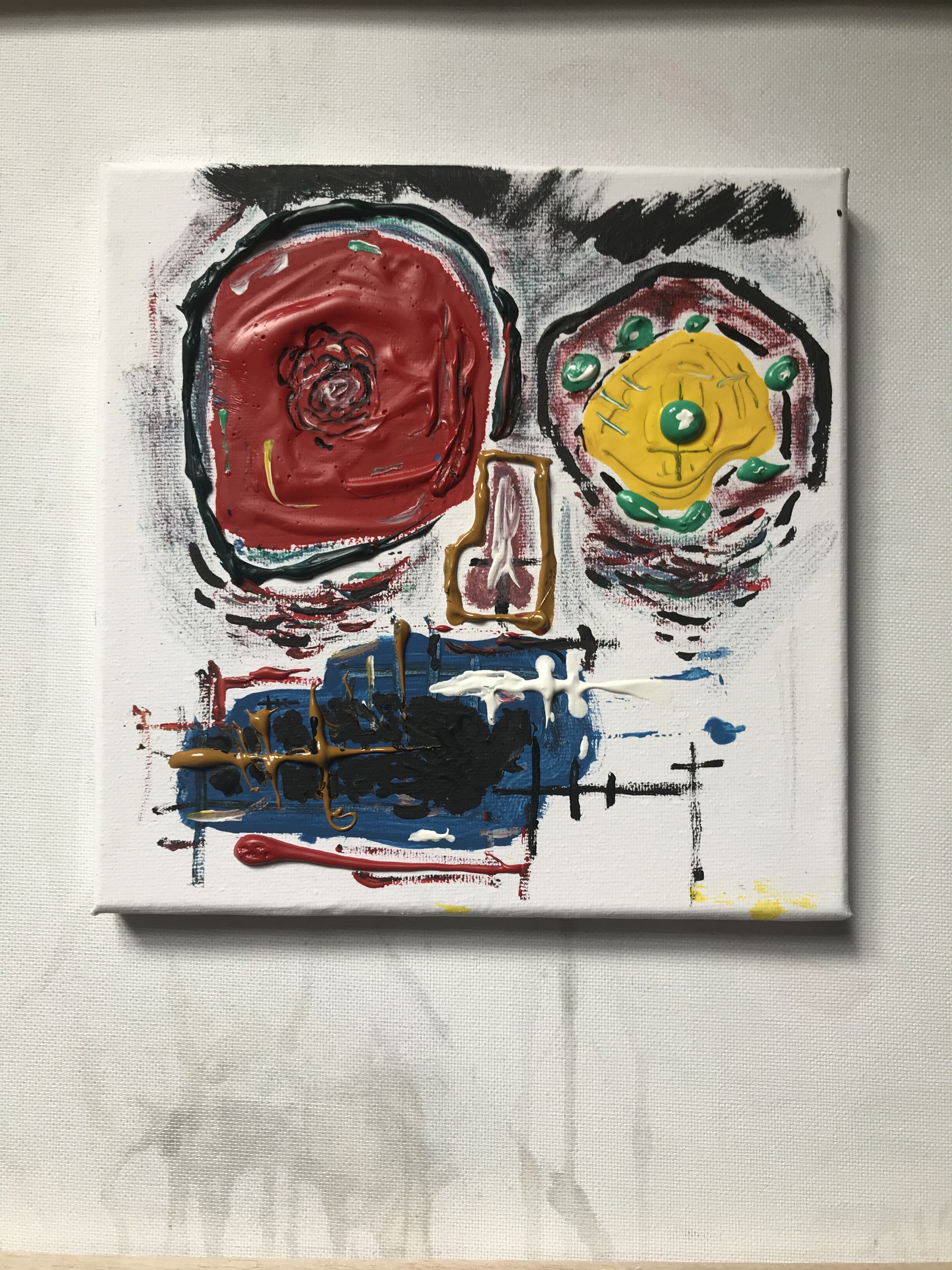 ‘brain escapee’ acrylic paint, watercolour and oil pastel on 20x20cm canvas.