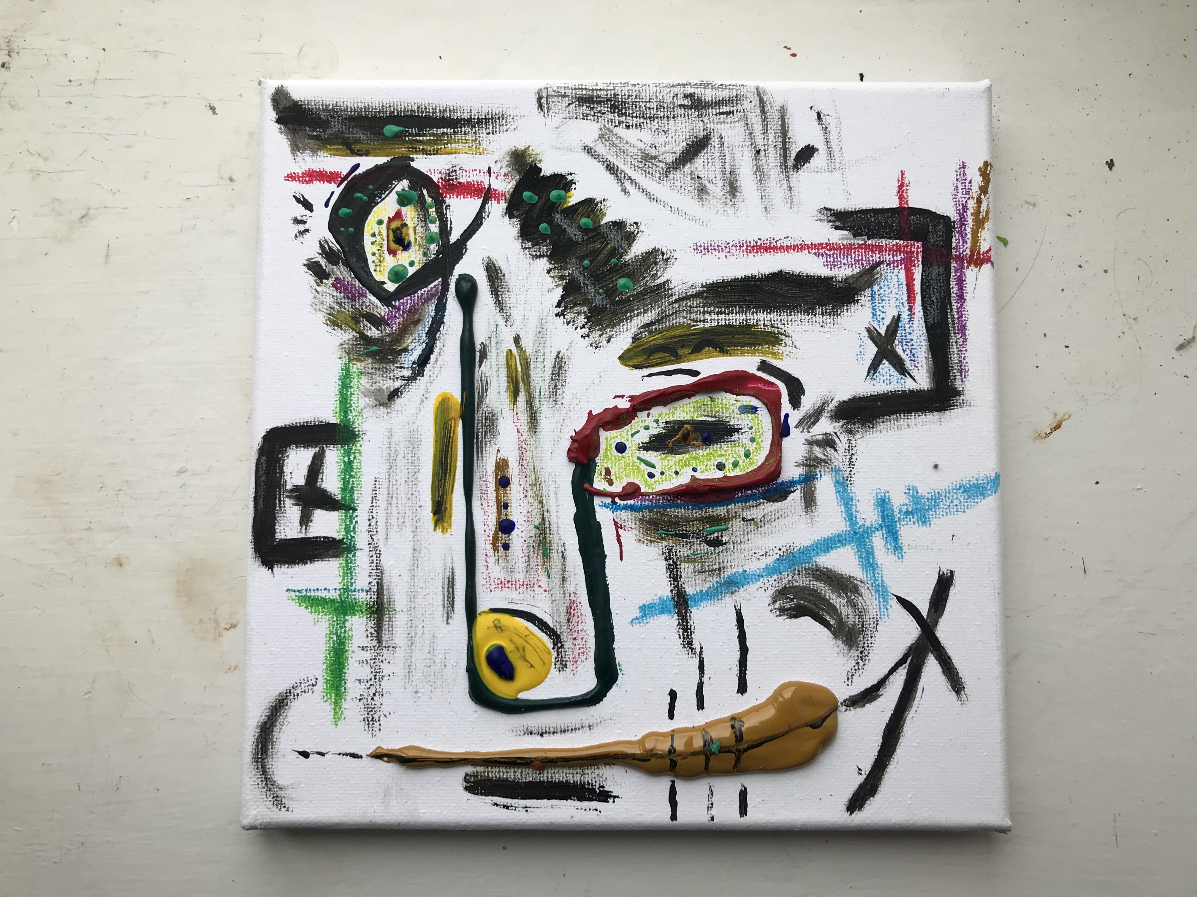 ‘mind culture’ acrylic paint, watercolour and oil pastel on 20x20cm canvas.