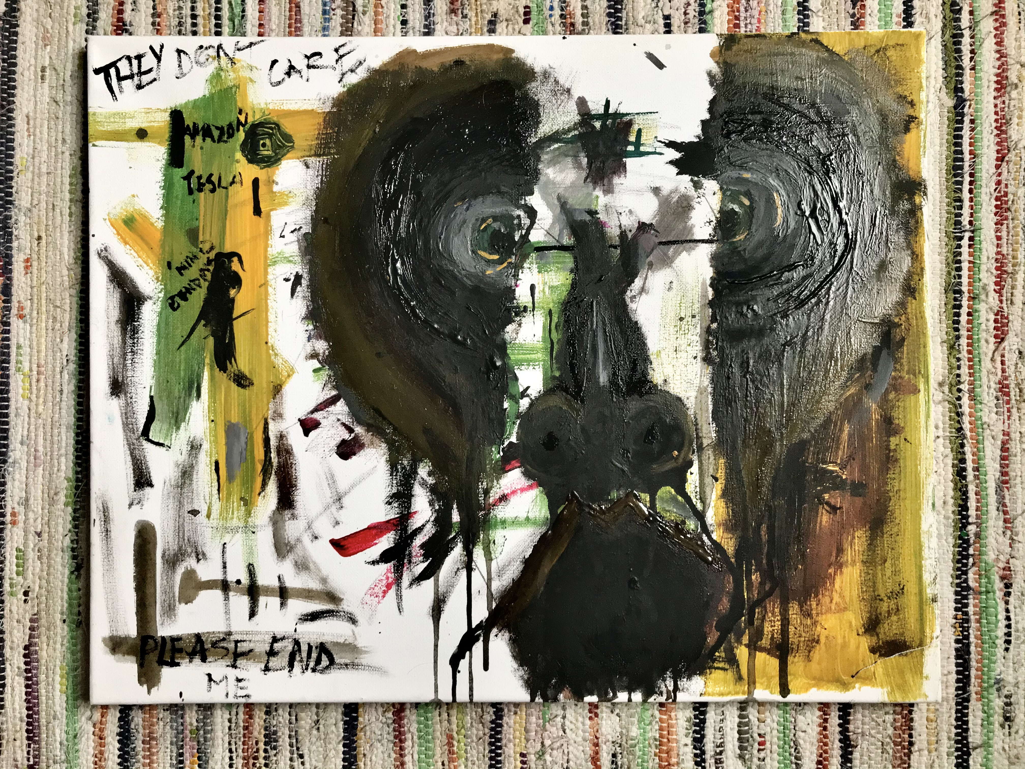 ‘ouch’ acrylic paint and watercolour on 14x20 inch canvas.