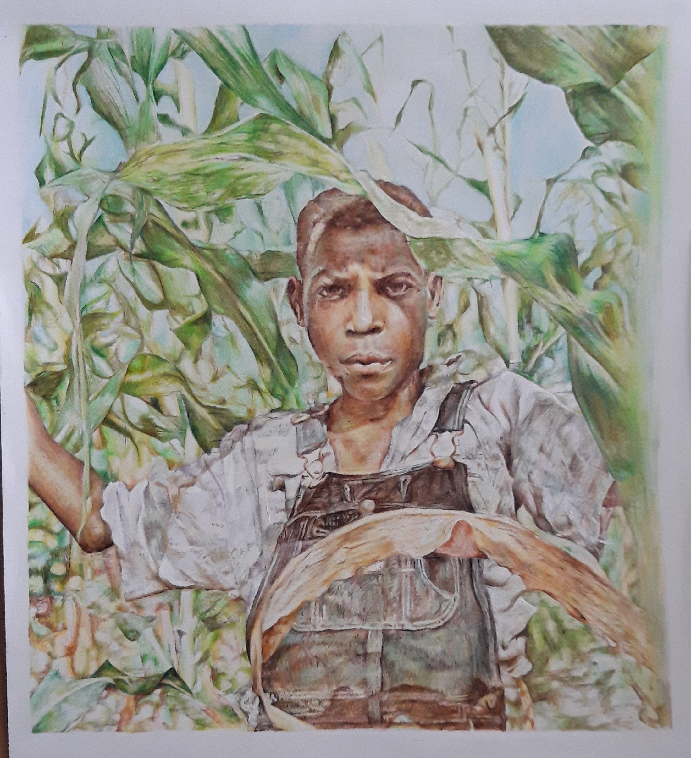 Recreation of an untitled photograph taken by Gordon Parks.  Materials/Media: Cartridge paper, Coloured pencils, White gel pen, Correction pen and Acrylic paint.