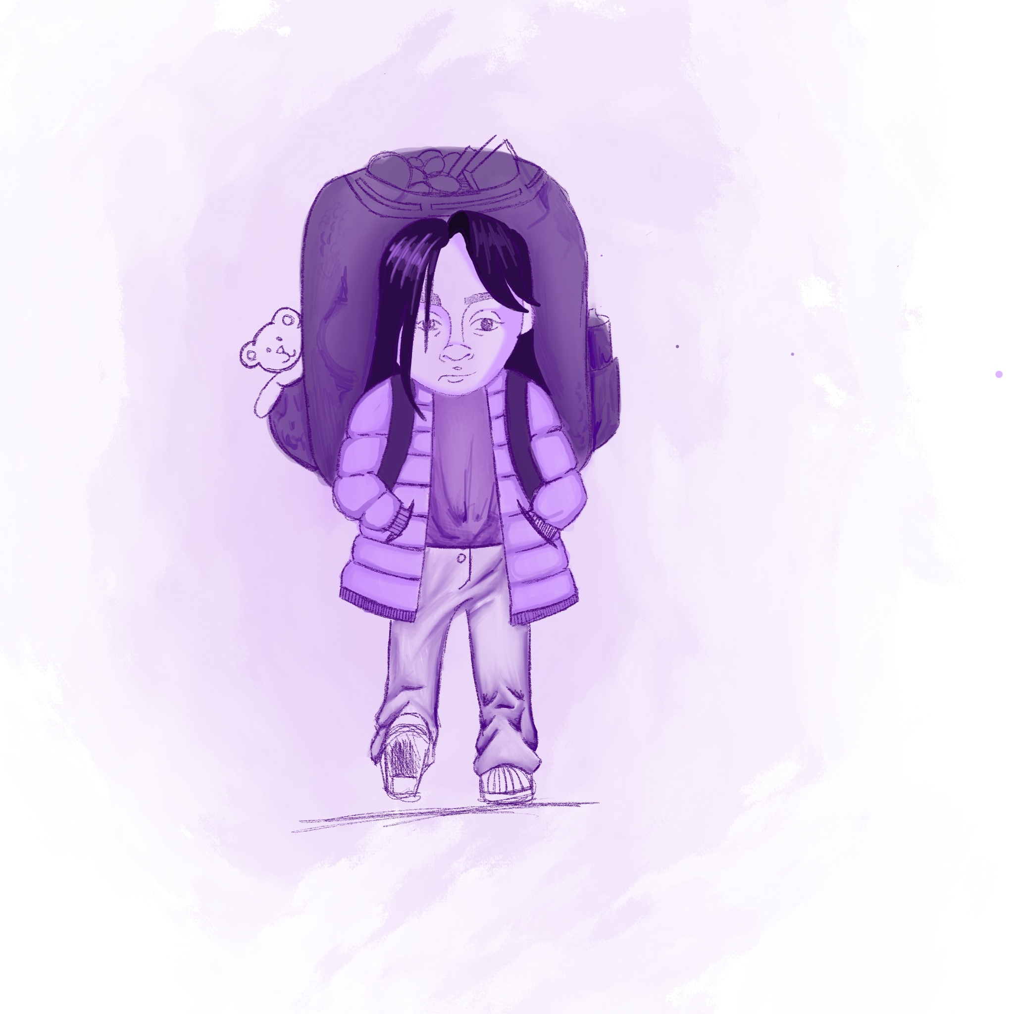 First design for my character for this project. I wanted to show her with a big bag that represents her worries and struggles.
