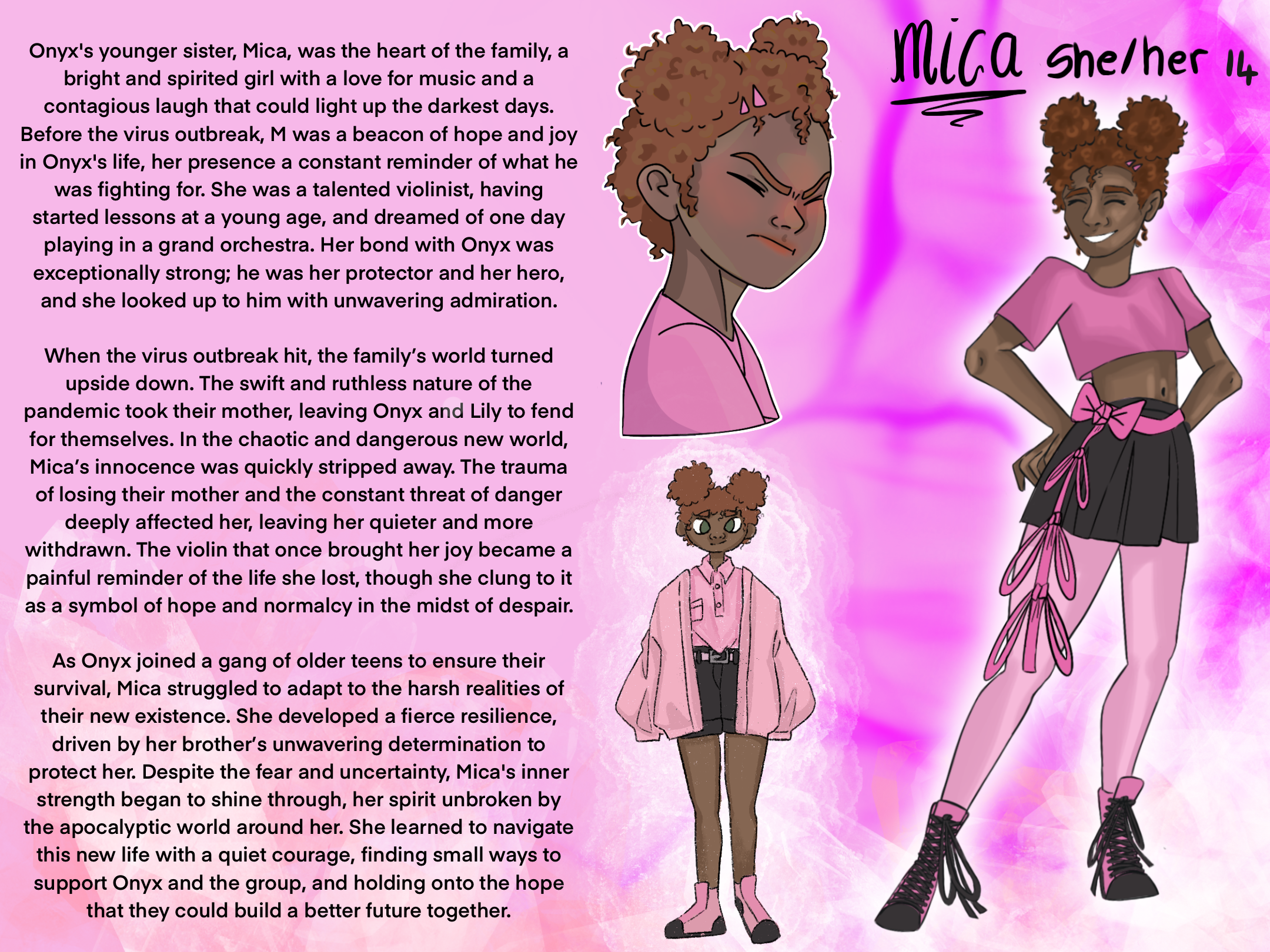 These 8 character design sheets were for a project titles 'People, Places and Time', this is Mica. These characters all live within the same dystopian future where they learned to survive together.