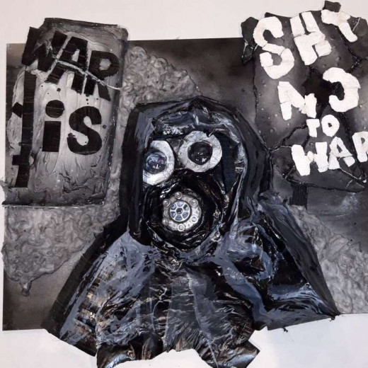 Materials/Media: MDF, Cardboard, Plasterboard, Spray Paint, Acrylic Paint, Hot Gun, Mastic, Plaster of Paris, Cotton Wool, Nails, Screws, Bolts, Acetate, PVC Pipe, and Metal Sink Drain.